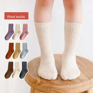 Autumn Winter Toddler Wool Socks New Japanese Thin Double Needle Pure Color Kids Ins Men’s Women’s Baby Wool Cute Butterfly