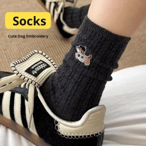 Autumn Winter Women’s Knitted Wool Socks Anti-odor Antibacterial Mid-Tube Ins Pile Socks Cute Cartoon Logo Body Zhuji