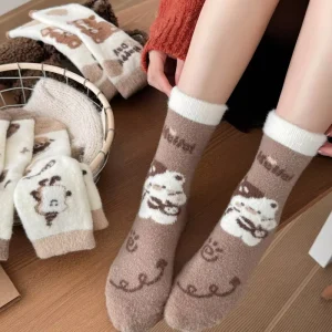Autumn and Winter Mid calf Socks for Women Thickened Warm and Sweet Sleeping Socks Cartoon Plush Socks