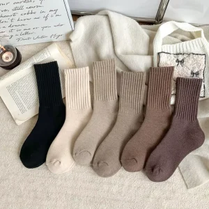 Autumn and Winter Versatile Coffee Colored Women’s Socks with Thick Loops Solid Color Simple Long Tube Socks