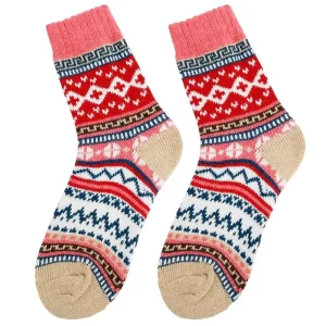 Autumn and Winter Warm Women’s Wool Socks Cross Flower Medium Red Tube Socks