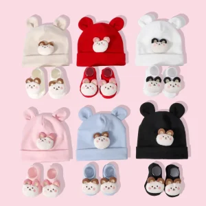 Baby Breathable Spring Knitted Cotton Filled Doll Ear Socks Set Baby Hat Headscarf Newborn Supplies