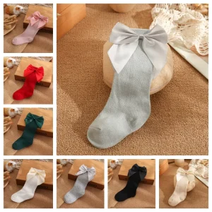 Baby Cotton Socks Middle Tube Bow Kids Girls Socks Solid Color Children’s Socks