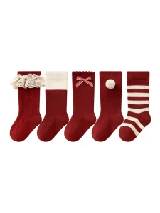Baby Crew Socks Red Chinese New Year Cute Stripe Lace and Bowed Socks Cotton Winter Children