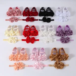 Baby Girl Children’s Solid Color Lightweight Cotton Upper Shoes + Headband Set Learning Shoes Soft Bottom Big Bow Glue Anti Slip
