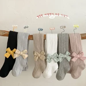 Baby Girl Socks Tights Solid Color Bowknot Ribbed Cotton Children’s Pantyhose Kids Spring Legging