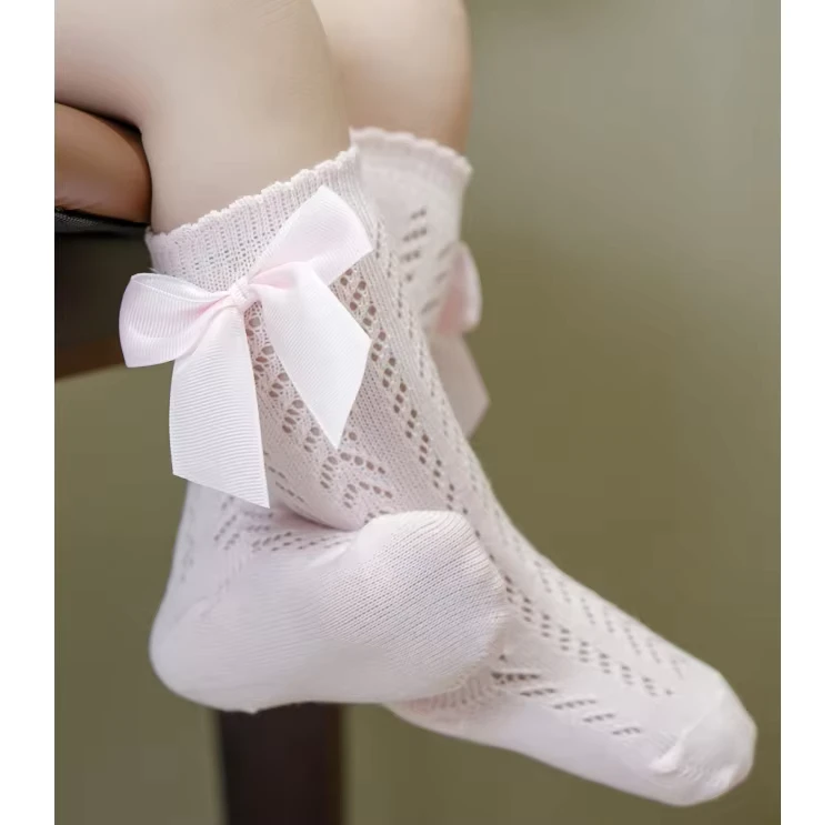 Baby Girls Bow Socks Hollow Out Socks Knee High Stockings Pink Mesh Socks Suitable for Infants Toddlers