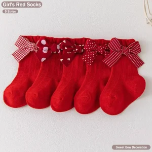 Baby Girls Bright Red Socks with 3D Big Bows Festive Ribbed Knit Booties for Newborn Infant Sweet Princess Style
