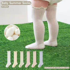 Baby Girls Over the Knee High Socks Silk Feel Summer Thin Breathable Mesh Stockings Ruffle Lace Top Hosiery