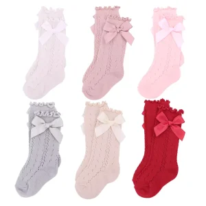 Baby Girls Ruffle Socks with Bows Infant Toddler Kids Long Stockings Eyelet Mesh Knee High Socks
