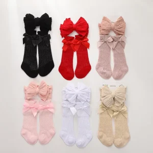 Baby Girls Socks Headband Set Breathable Knit Bow Princess Socks for Party Wedding Photography