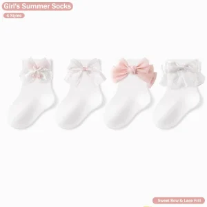 Baby Girls Summer Thin Mesh White Short Socks with Big Bows Sweet Tulle Frill Top Socks for Toddler Princess Style for Newborn