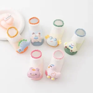 Baby Socks Combed Cotton Thin Mesh Cute Cartoon Design Non Slip Crew Breathable Knitted Summer Socks for 0-6 Months 6-12 Months