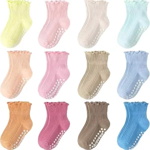 Baby Toddler Girls Socks Grip Ruffle Non Slip Girls Cotton 12 Pack Socks for Kids Cute Ankle 6M 7Years