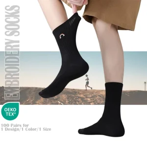 Black Embroidered Logo Socks Sport Athletic Cotton Crew Custom Socks Men