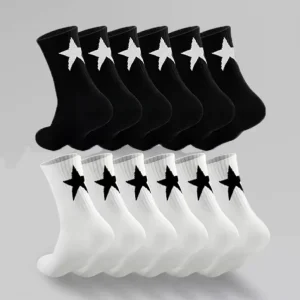 Black White Solid Color Five Pointed Star Crew Socks Sweat Absorbing Breathable Sports Women’s Socks Customized Jacquard Socks