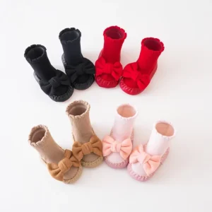 Bow Design Mid-Calf Artificial PU Non-slip Wear-resistant Baby Home Floor Shoes & Socks Multi-style Solid Color Simple