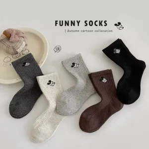 Boy’s Socks Spring Autumn Unlined Mid-Calf Flock Printed Korean-Style Cartoon Mickey Mouse Pattern Large-Sized Cotton Older