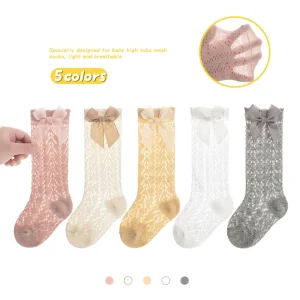 Breathable Baby Girls Dress Socks Kids Cotton Tube Uniform Stockings Knee High Socks Toddler Bowknot Mesh Socks