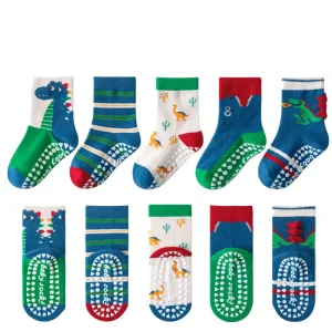 Breathable Cotton Woven Casual Ankle Socks Toddlers Infants Kids Big Kids Cute Unisex Anti Slip Grip Seamless 5 Pairs Per Set