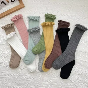 Breathable Knee High Socks for Kids Long Soft Cotton Lace Flower Design Cute Sporty School Uniform Socks