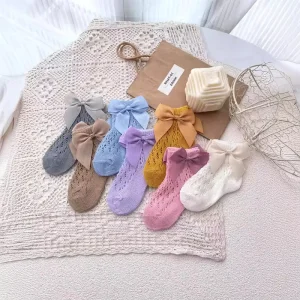 Breathable Mesh Socks Shifting Bowknot Short Hollow Out Thin Cotton Baby Children’s Summer Solid Pattern