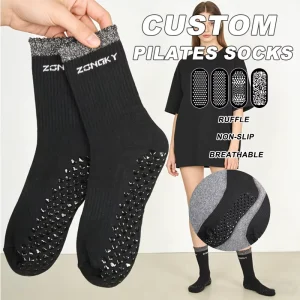 Breathable Ruffle Cuff Silver Wire Custom Crew Pilates Socks Full Grip Sole Free Samples Custom Logo for Home Pilates