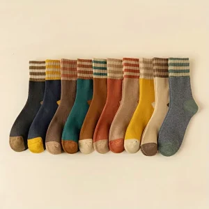 Breathable Warm Thick Knit Cozy Women Winter Striped Terry Towel Crew Socks