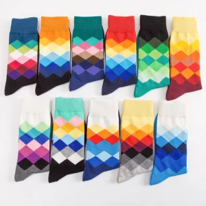 Bulk Men’s Cotton Socks Breathable Rainbow Argyle Happy Funny Sock Men Casual Business Dress Cotton Socks