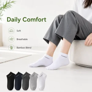Business Men’s Natural Antibacterial Summer Eco Friendly Cotton Bamboo Ankle Socks Dress Socks with Woven Logo Cuff Daily Wear