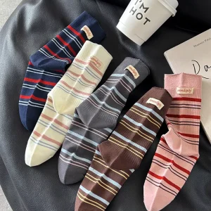 CLARMER New Korean Women’s Socks Autumn Mid-Crew Stackable Socks with Heel Letter Label Fashion Striped Cotton Casual Socks