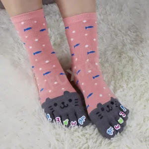 Cartoon Cute Cat Thermal Cotton Wicking Sweat Breathable Split Toe Socks Five Finger Pink Socks