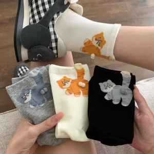 Cartoon Eggs Cat Funny Knitted Women’s Crew Casual Socks Trendy Spring Autumn Cotton Sweat Absorbent Cute Animal