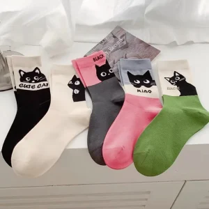 Cartoon cat Stitching Solid Color Breathable Mid tube Women Student Socks