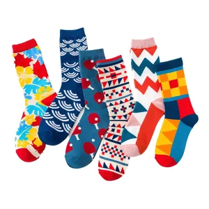 Casual Crew Socks Geometric Wave Colorful Pattern for Men Women Spring Season Breathable Spandex Polyester Material Body Logo