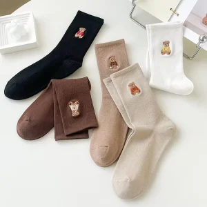 Casual Embroidery White Crew Socks Women Bear Pattern Cute Teddy Socks Animal Cotton Embroidered Socks
