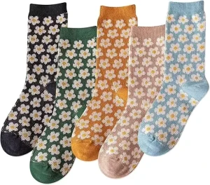 Casual Socks Cute Flowers Soft Breathable Socks Cotton Women Funny Crew Socks for Daily Life