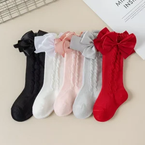 Children Girl Socks Solid Color Kids Middle Tube Socks Bow Baby Cotton Socks