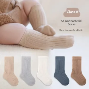 Children’s Autumn Antibacterial Cotton Socks for Boys and Girls Mid Tube Loose Fit Solid Color Knitted Five Pairs Pack
