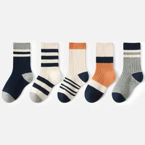 Children’s Autumn Double Needle Jacquard Breathable Cotton Mid Calf Sporty Socks for Boys Older Children