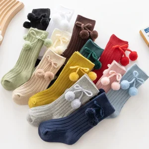 Children’s Baby Socks with Pompoms Bow Infant Mid-calf Stocking Cotton for Newborn Girls