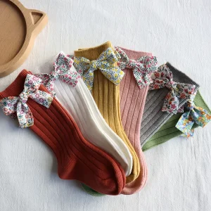 Children’s Breathable Spring Floral Bow Pit Socks Bohemian Style Baby Socks Medium Stockings