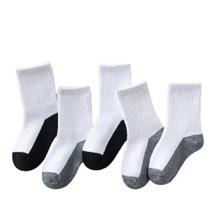Children’s Casual Cotton Crew Socks 5 Pairs Black Soled White Tops Girl Boy Student Style Breathable Knitted Design