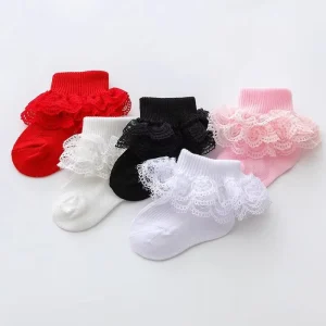 Children’s Casual Crew Socks White Breathable Knitted Cotton Pearl Spring Summer Autumn Lace Bow Design Baby Boys