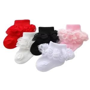 Children’s Casual Crew Socks White Breathable Knitted Cotton with Pearl Spring Autumn Lace Bow Design for Baby Girls