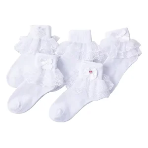 Children’s Casual Crew Socks White Breathable Knitted Cotton with Pearl Spring Autumn Lace Bow Design for Baby Girls