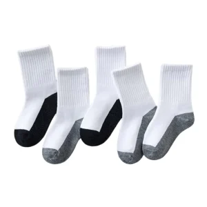 Children’s Cotton Crew Socks 5 Pairs Black Soled White Tops Girl Boy Student Style Breathable Knitted Design for Kids
