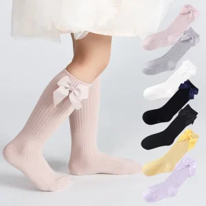 Children’s Cotton Knee High Socks Ribbed Bow Long Knitted Casual Socks