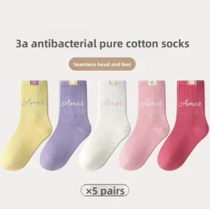 Children’s Cotton Knitted Socks Spring Autumn Boneless Mid Calf Sporty Antibacterial Jacquard Gift Box Packaging Girls Pre Teen