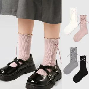Children’s Crew Socks with Fungus Lace Solid Colors Ribbons and Bows for Girls for Kids